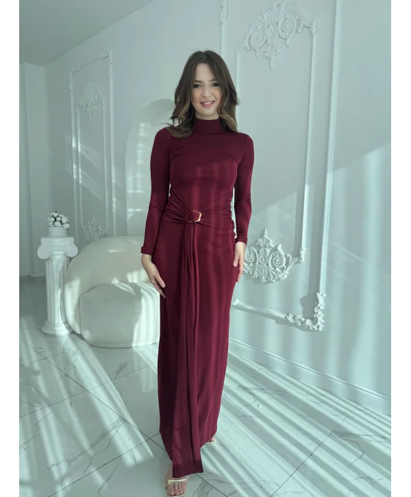 Tokalı Bel Detaylı Uzun Bordo Elbise