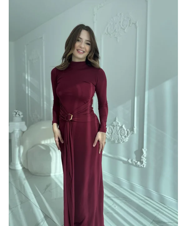 Tokalı Bel Detaylı Uzun Bordo Elbise