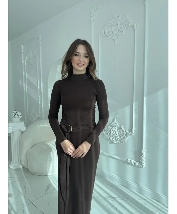 Tokalı Bel Detaylı Uzun Kahve Elbise