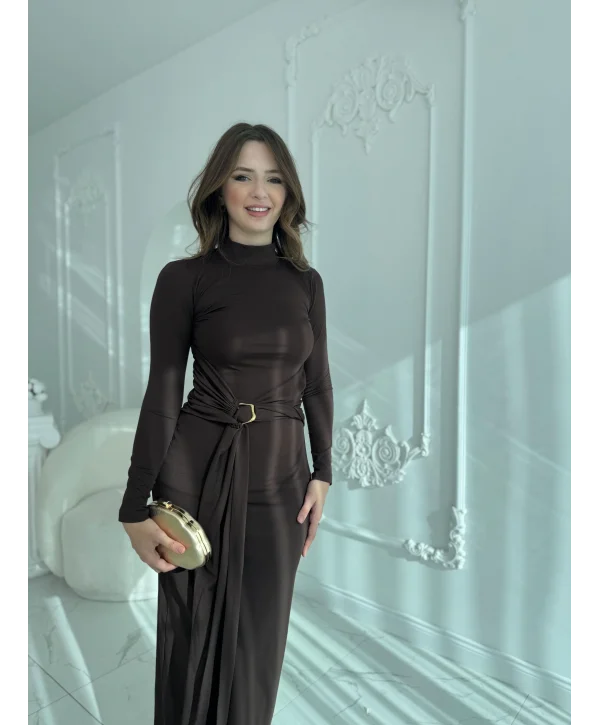 Tokalı Bel Detaylı Uzun Kahve Elbise