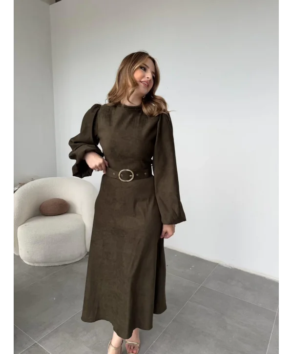 Tokalı Kemer Detaylı Süet Haki Elbise