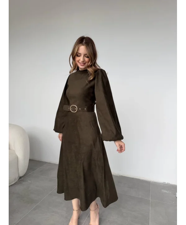 Tokalı Kemer Detaylı Süet Haki Elbise