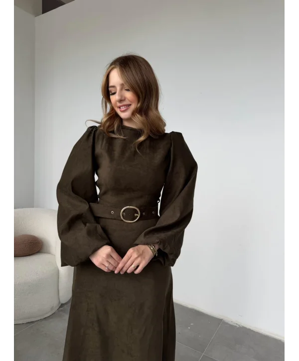 Tokalı Kemer Detaylı Süet Haki Elbise