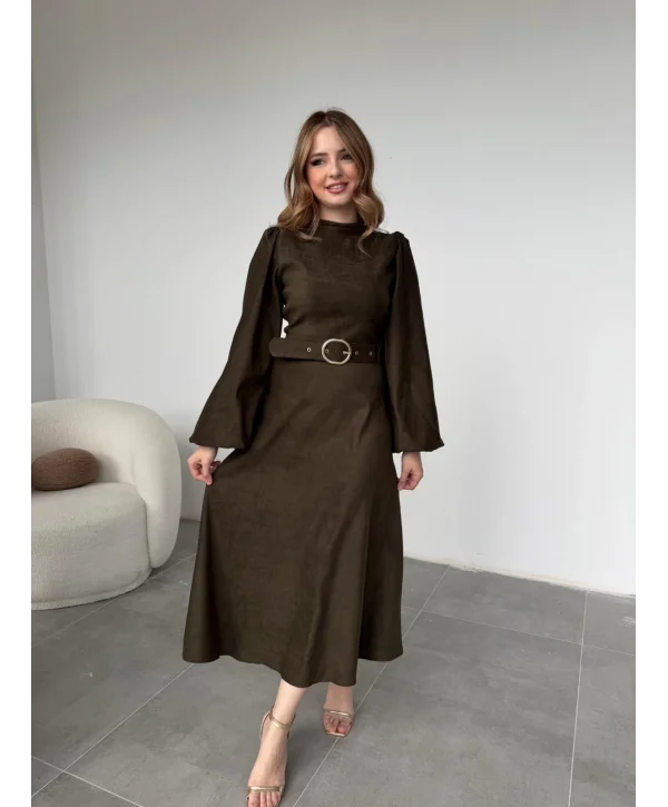 Tokalı Kemer Detaylı Süet Haki Elbise