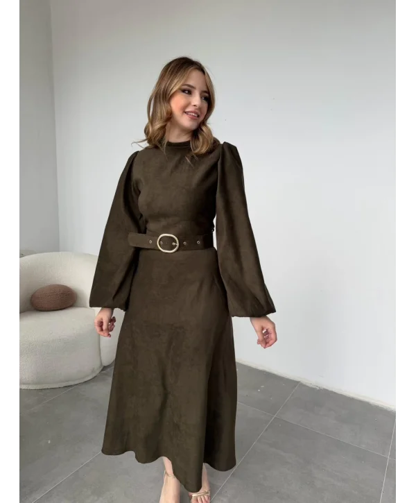 Tokalı Kemer Detaylı Süet Haki Elbise