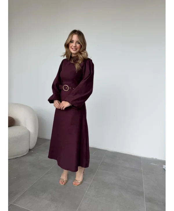 Tokalı Kemer Detaylı Süet Mürdüm Elbise