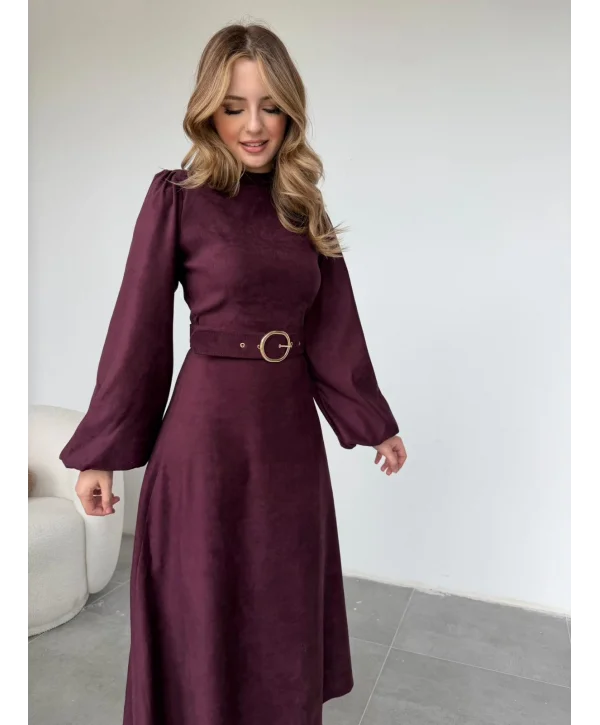 Tokalı Kemer Detaylı Süet Mürdüm Elbise