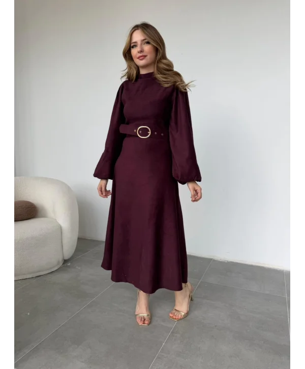 Tokalı Kemer Detaylı Süet Mürdüm Elbise