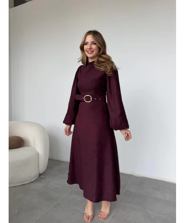 Tokalı Kemer Detaylı Süet Mürdüm Elbise