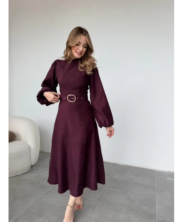 Tokalı Kemer Detaylı Süet Mürdüm Elbise