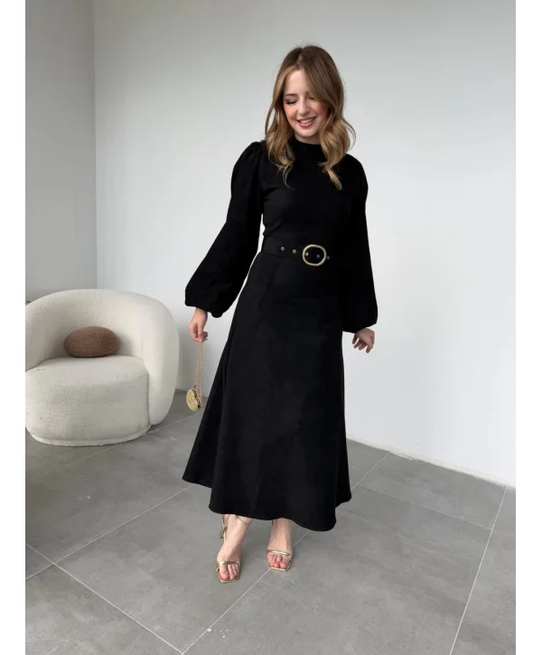 Tokalı Kemer Detaylı Süet Siyah Elbise