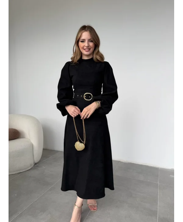 Tokalı Kemer Detaylı Süet Siyah Elbise
