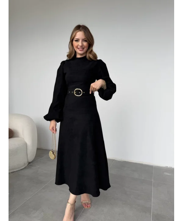 Tokalı Kemer Detaylı Süet Siyah Elbise