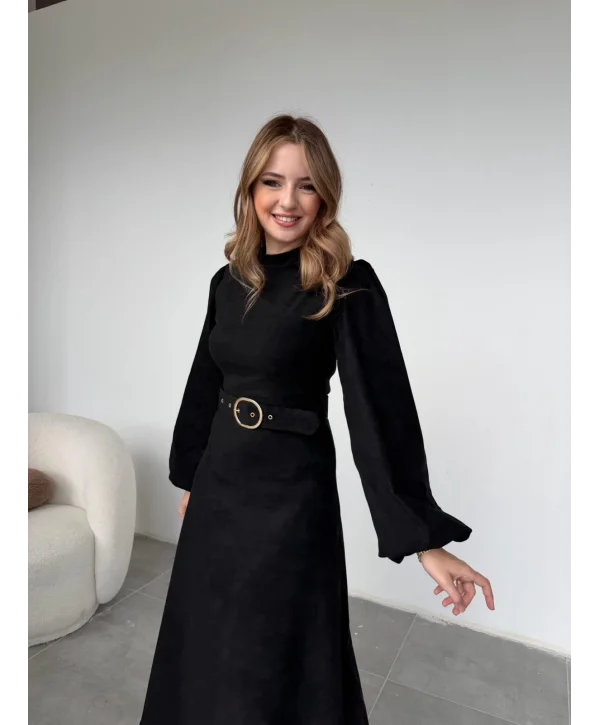 Tokalı Kemer Detaylı Süet Siyah Elbise