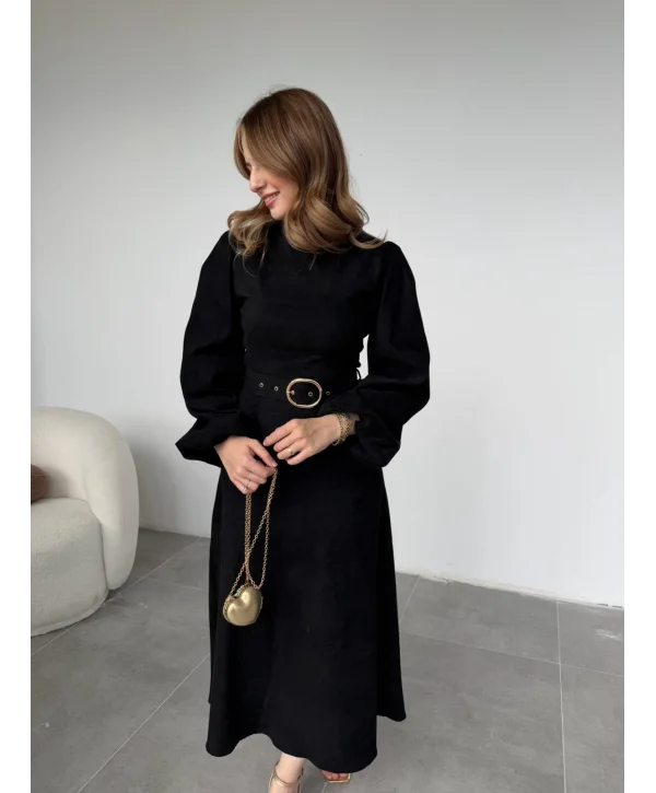 Tokalı Kemer Detaylı Süet Siyah Elbise