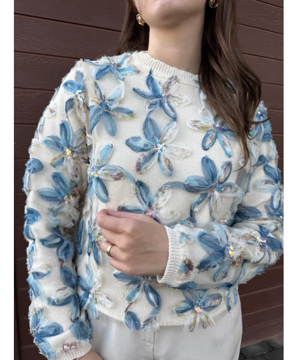 Tül ve Pul İşlemeli Çiçekli Mavi Triko Kazak