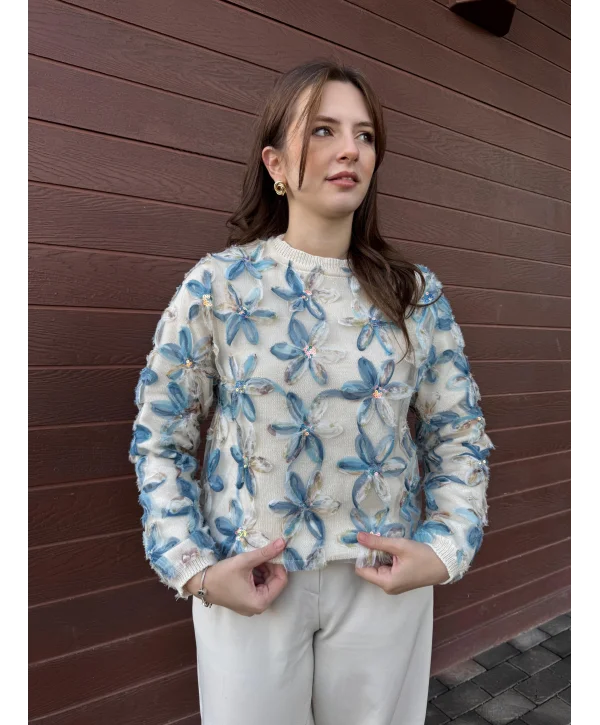 Tül ve Pul İşlemeli Çiçekli Mavi Triko Kazak