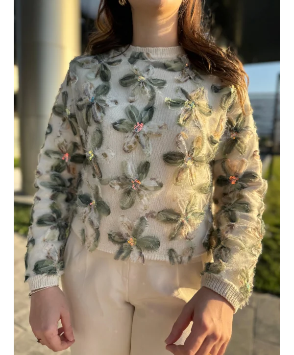 Tül ve Pul İşlemeli Çiçekli Yeşil Triko Kazak