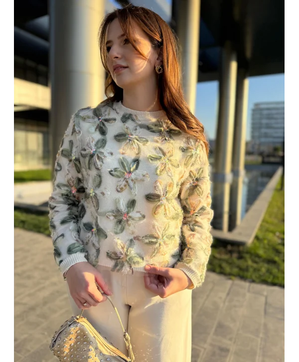 Tül ve Pul İşlemeli Çiçekli Yeşil Triko Kazak