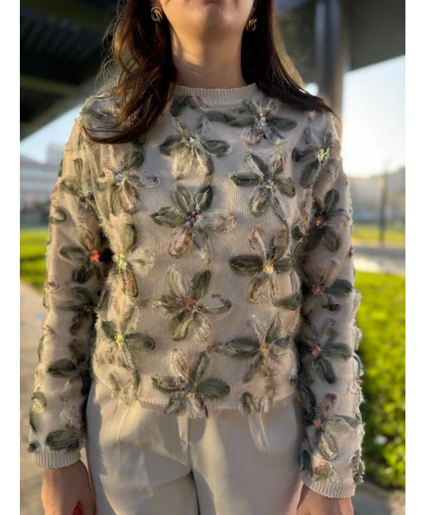 Tül ve Pul İşlemeli Çiçekli Yeşil Triko Kazak