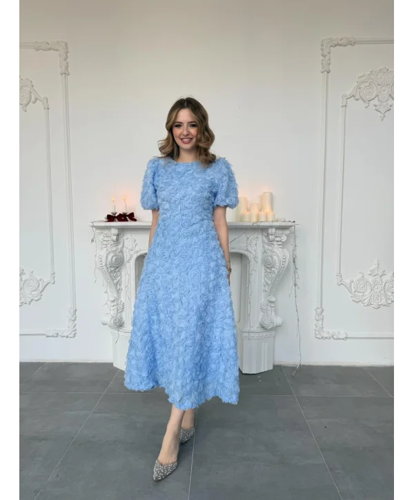 Üç Boyutlu Gül Aplike Kabartmalı Balon Kol Bej Mavi Elbise