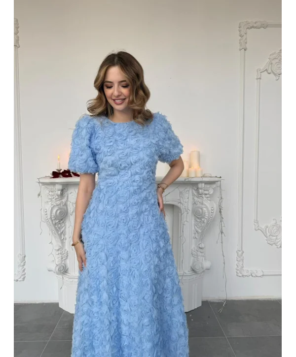 Üç Boyutlu Gül Aplike Kabartmalı Balon Kol Bej Mavi Elbise