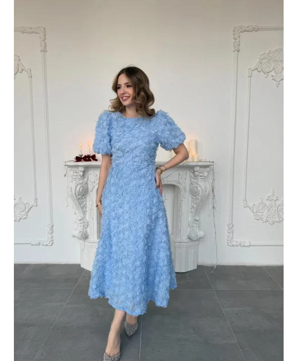 Üç Boyutlu Gül Aplike Kabartmalı Balon Kol Bej Mavi Elbise