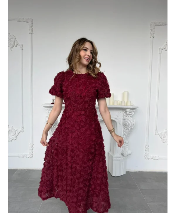 Üç Boyutlu Gül Aplike Kabartmalı Balon Kol Bordo Midi Elbise