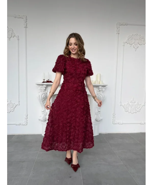 Üç Boyutlu Gül Aplike Kabartmalı Balon Kol Bordo Midi Elbise