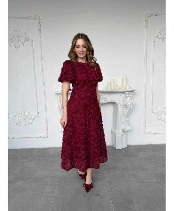 Üç Boyutlu Gül Aplike Kabartmalı Balon Kol Bordo Midi Elbise