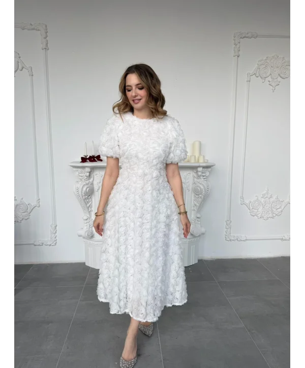 Üç Boyutlu Gül Aplike Kabartmalı Balon Kol Ekru Midi Elbise