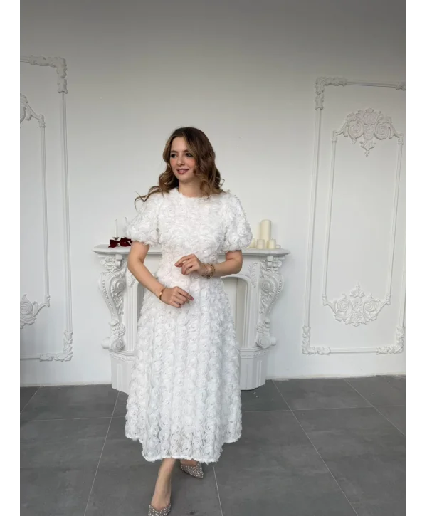 Üç Boyutlu Gül Aplike Kabartmalı Balon Kol Ekru Midi Elbise