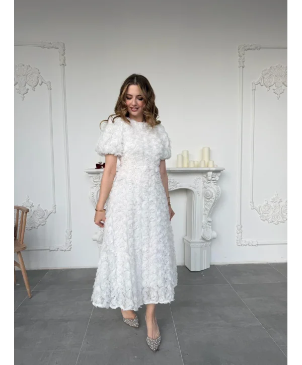 Üç Boyutlu Gül Aplike Kabartmalı Balon Kol Ekru Midi Elbise