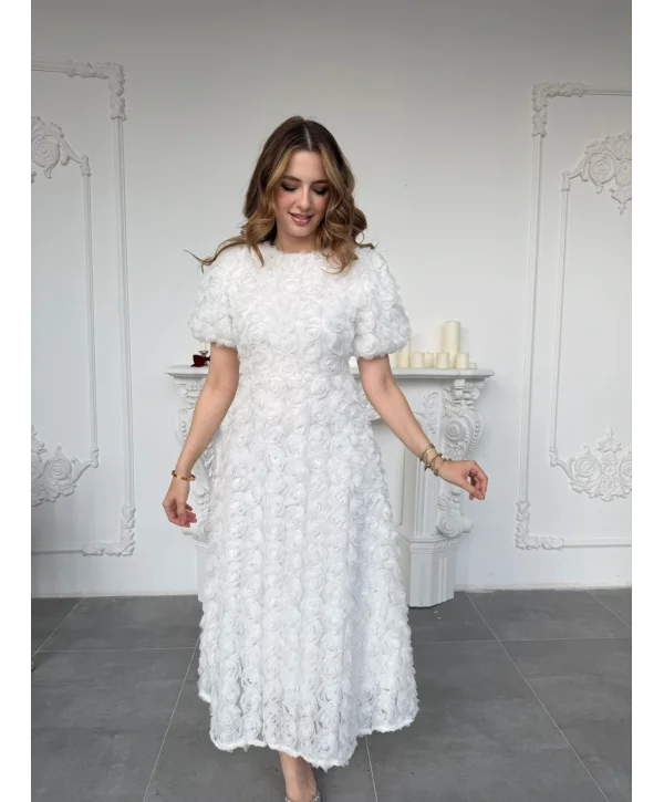 Üç Boyutlu Gül Aplike Kabartmalı Balon Kol Ekru Midi Elbise