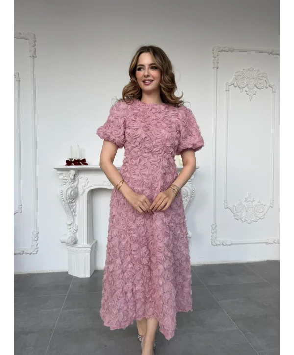 Üç Boyutlu Gül Aplike Kabartmalı Balon Kol Pembe Midi Elbise