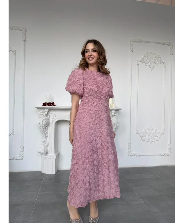 Üç Boyutlu Gül Aplike Kabartmalı Balon Kol Pembe Midi Elbise