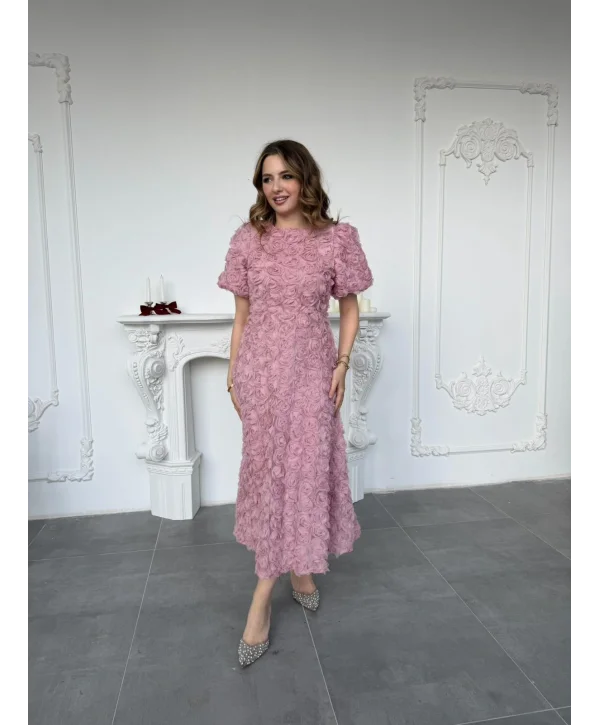 Üç Boyutlu Gül Aplike Kabartmalı Balon Kol Pembe Midi Elbise