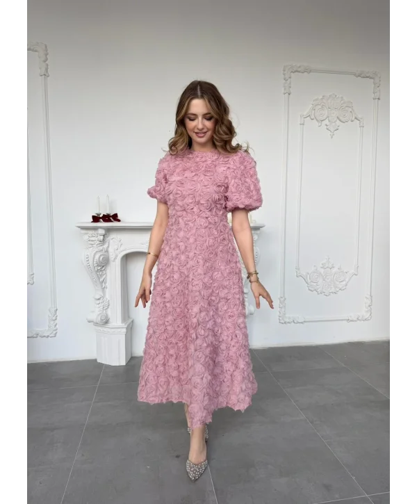 Üç Boyutlu Gül Aplike Kabartmalı Balon Kol Pembe Midi Elbise