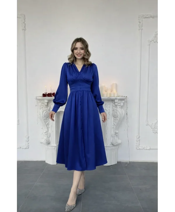 V Yaka Düğme Detaylı Saten Midi Boy Saks Mavi Elbise
