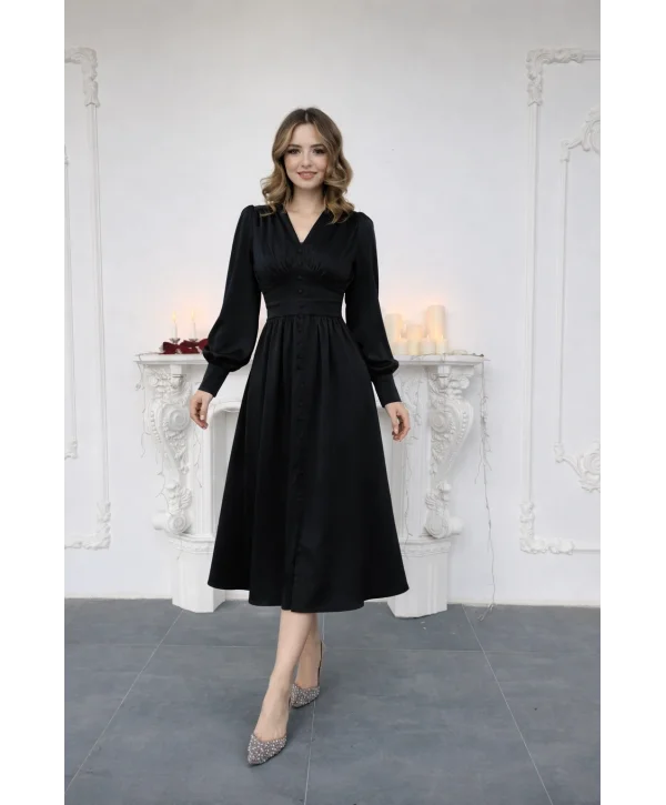V Yaka Düğme Detaylı Saten Midi Boy Siyah Elbise