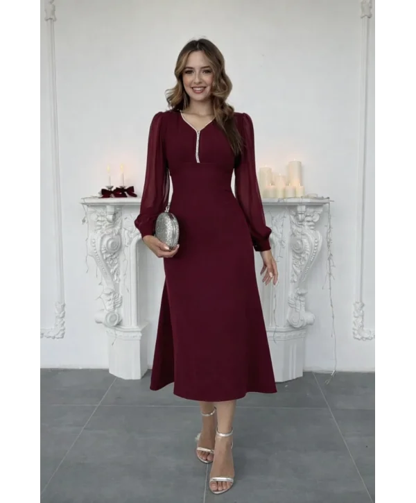 V Yaka Taş Detaylı Şifon Kollu Atlas Bordo Elbise