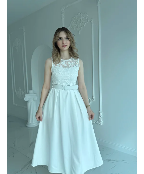 Yaka Dantel Detaylı Cepli Maxi Boy Beyaz Elbise