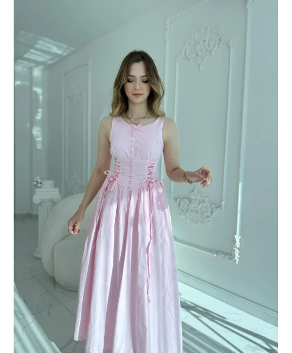 Yan Bağcıklı Korse Formlu Pembe Elbise