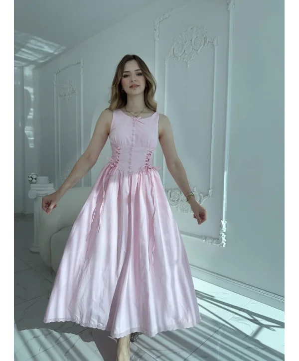 Yan Bağcıklı Korse Formlu Pembe Elbise