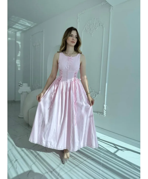 Yan Bağcıklı Korse Formlu Pembe Elbise