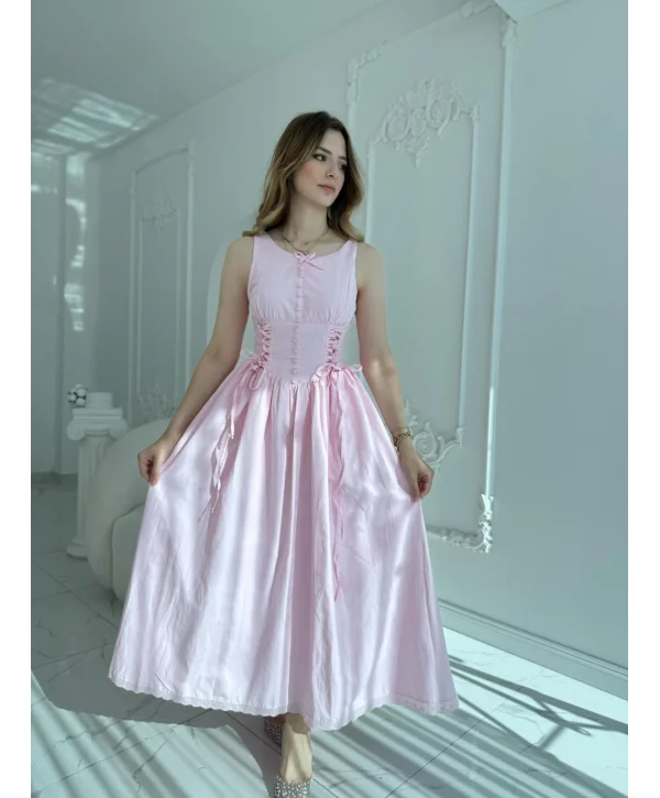 Yan Bağcıklı Korse Formlu Pembe Elbise