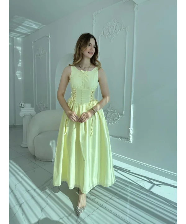 Yan Bağcıklı Korse Formlu Sarı Elbise