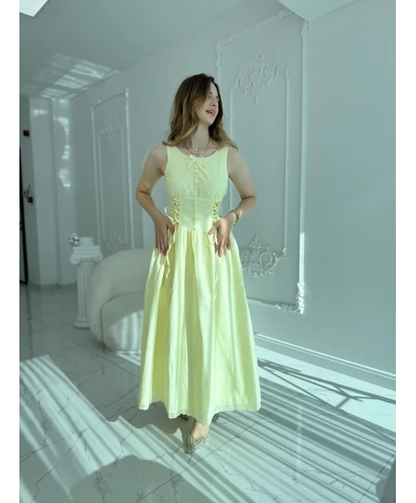 Yan Bağcıklı Korse Formlu Sarı Elbise