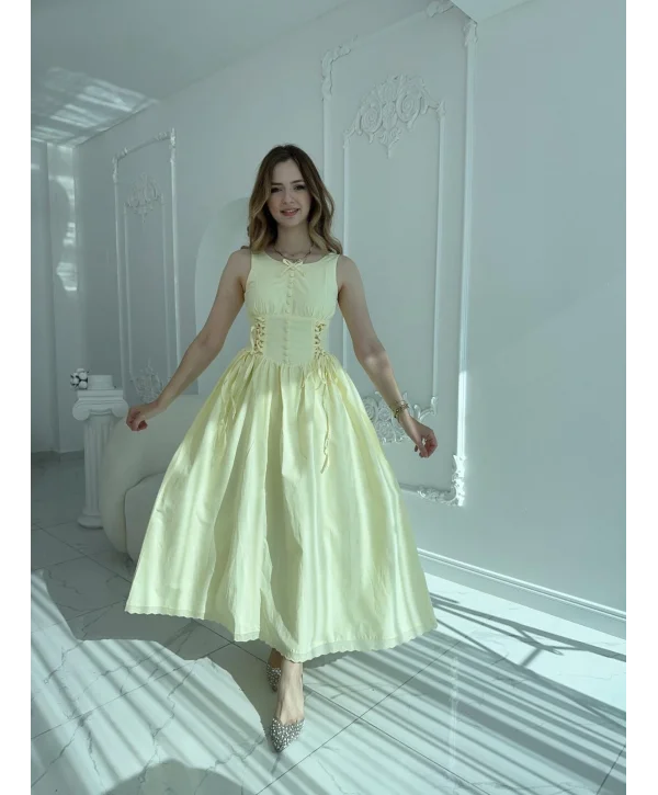 Yan Bağcıklı Korse Formlu Sarı Elbise