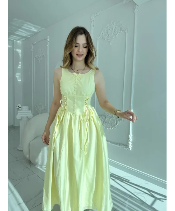 Yan Bağcıklı Korse Formlu Sarı Elbise